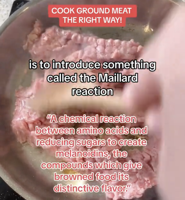 raw minced meat in a frying pan with writing over it